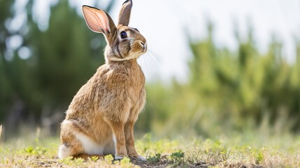 Curious brown rabbit standing alert in sunlit grassy field during daytime