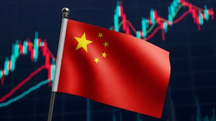 Chinese flag waving in front of stock market graph on dark background