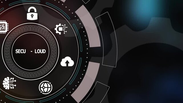 Futuristic secure-cloud technology interface with digital protection icons, encrypted data workflow, and advanced cybersecurity dashboard animation.