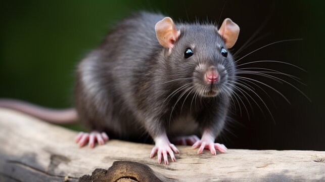 Curious dark-furred pet rat perched on a weathered log in a lush green forest background