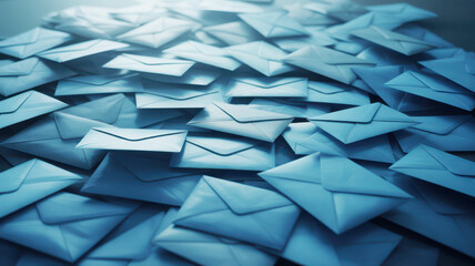 Pile of light blue envelopes stacked and overlapping mail postal