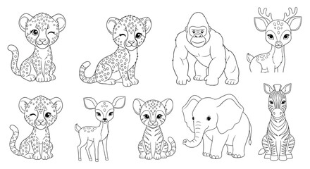Fototapeta premium Fun coloring page for kids featuring a collection of adorable baby wild animals like a leopard, lion, zebra, deer, and baby elephant.