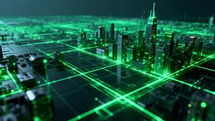 Futuristic cityscape with glowing green lines - Powered by Adobe