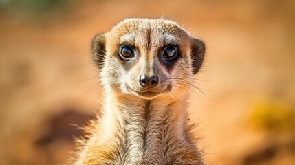 Curious meerkat standing upright in a sunlit arid desert environment with warm golden tones