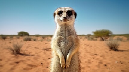 Fototapeta premium Curious meerkat standing upright in a scorching desert under a clear blue sky