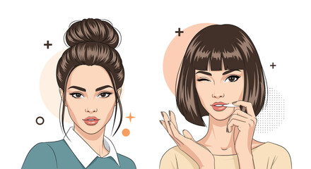 Stylish portrait of two beautiful young women with fashionable hairstyles and makeup in a modern comic book or pop art illustration.