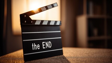 Black film clapperboard with the text the END illuminated by warm light in a cozy interior setting