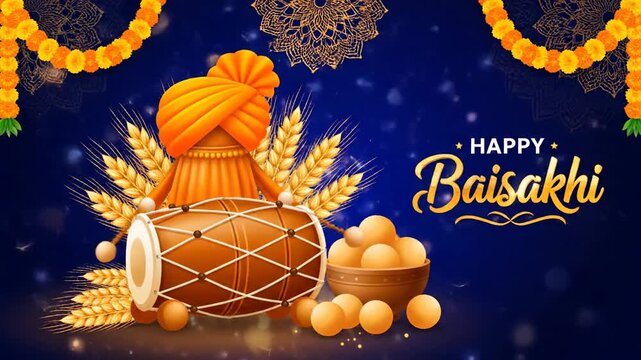 Happy Baisakhi Festival Celebration Dhol Turban Wheat Harvest Background