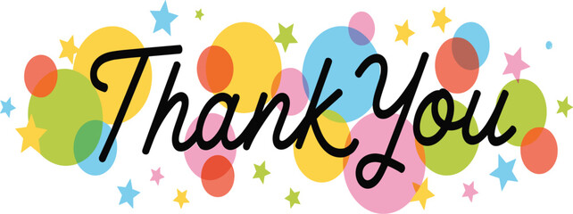 Thank You typography with black cursive script and colorful polka dot background with stars © Sume