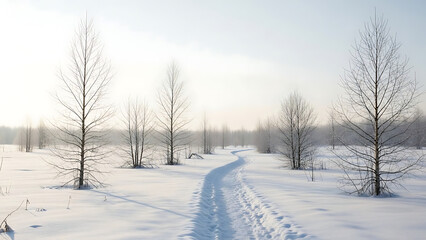 Obraz premium Winter Landscape Snowy Path Through Forest Trees Nature Trail