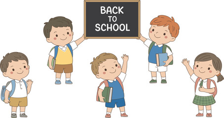 Cute cartoon children with backpacks holding a Back to School chalkboard sign and waving
