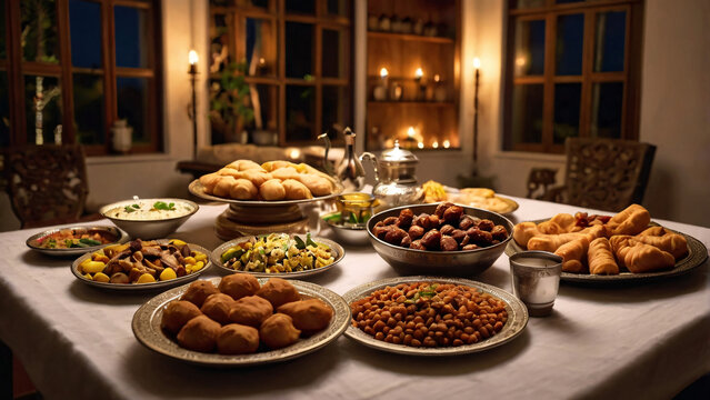 Beautifully Arranged Iftar Dinner Table for Ramadan Celebration at Twilight