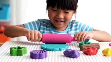 Happy Asian child rolling colorful modeling clay with a pink rolling pin, exploring creativity and sensory play at home - Powered by Adobe