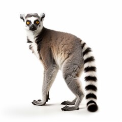 Fototapeta premium Curious Ring-Tailed Lemur Standing with Head Turned Toward the Viewer Against White Studio Background