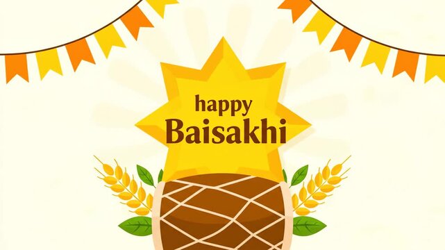 Happy Baisakhi Festival Celebration Animation with Star Dhol Wheat Banner
