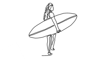 Continuous line animation of woman holding surfboard