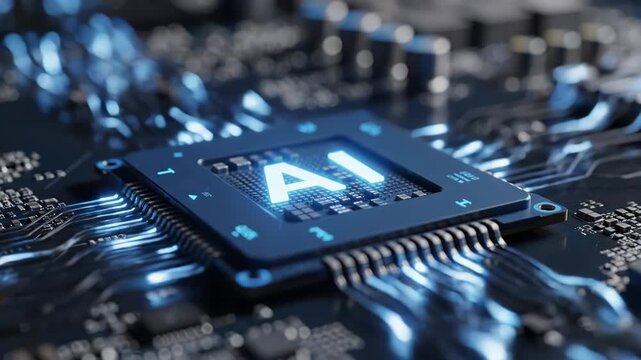 Closeup of ai chip on circuit board with glowing blue lights and microchip details