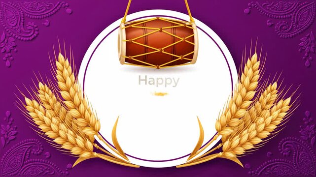 Happy Baisakhi Festival Background Template Dhol Wheat Sheaves Purple Design