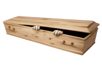 Hands pushing open traditional wooden coffin lid, symbolizing resurrection, reanimation, spooky halloween, or the walking dead