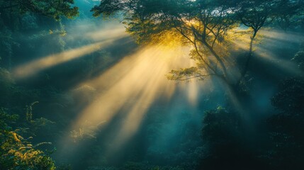 Sunlight streams through misty forest (1)