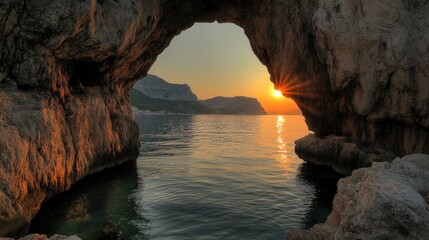 Sunrise through a rocky arch over calm water