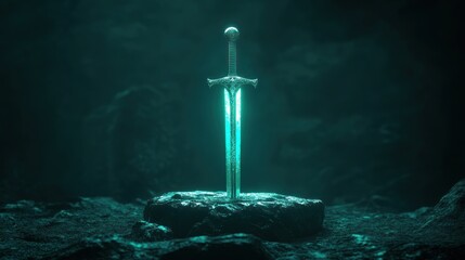 Sword on rock in dark scene