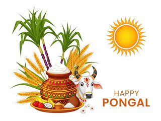 Vibrant pongal celebration with cow, pot, and harvest elements isolated on transparent background