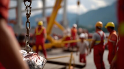 Fishing Crew Hauling Large Tuna with Crane Under Softbox Lighting: Bokeh Effect Flat Lay Scene with Crew Watching Closely