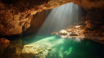 Sunbeams in a cave pool