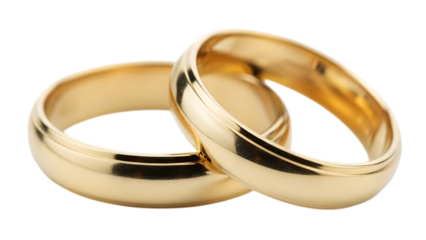 Golden wedding rings for valentine's day isolated on transparent background