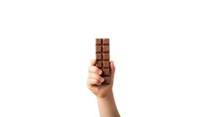 A child's hand holds a square-segmented chocolate bar against a black background. The snack is brown and appears delicious