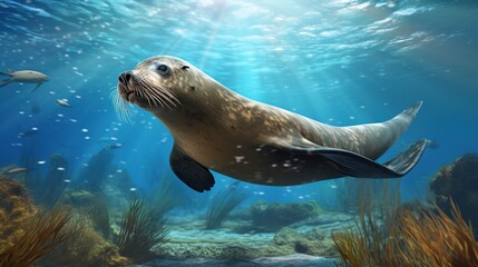 Fototapeta premium Graceful seal gliding through sunlit blue waters among seaweed and fish