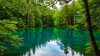 Serene Forest Lake Reflection Green Trees Tranquil Nature Scenery