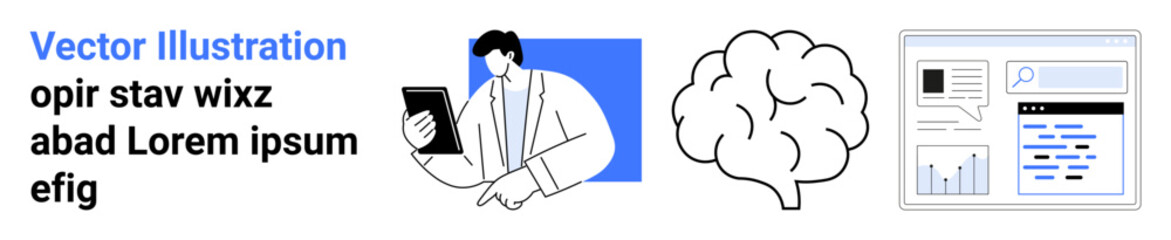 Digital communication, innovation, technology, brainstorming, data analysis, online content. Human holding tablet, brain and digital interface with charts. Digital communication and innovation