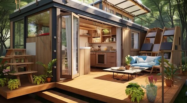 Modern Prefab Home Exterior with Deck and Greenery.