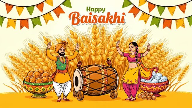 Happy Baisakhi Celebration People Dancing Dhol Wheat Harvest Festival
