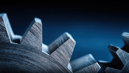 Sharp Metal Gear Teeth Macro, Industrial Precision, Deep Blue Glow.