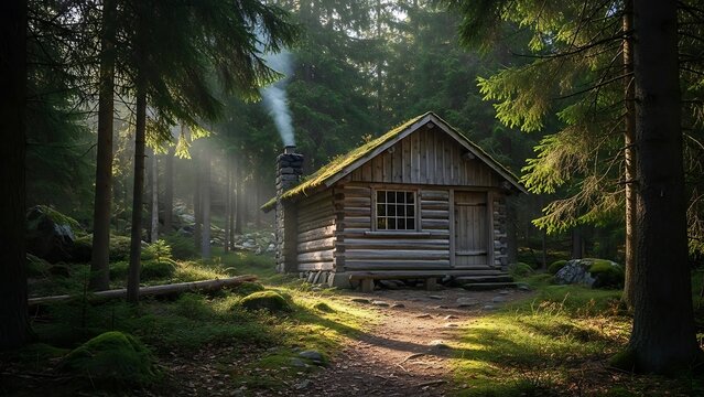 Cozy cabin in forest landscape scene.