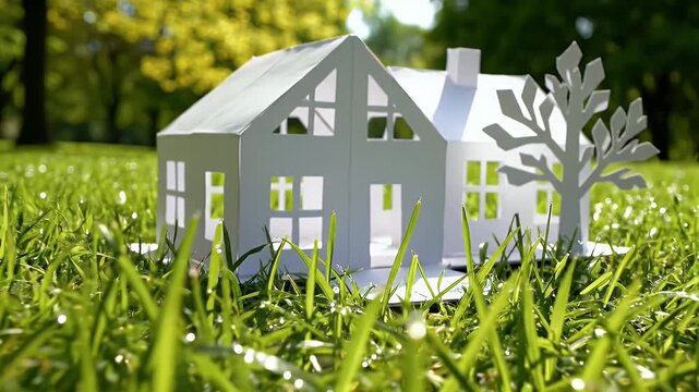 Whimsical paper cutout house with a leafy tree stands amidst lush green grass evoking feelings of cozy home and peaceful nature in a sun-drenched scene