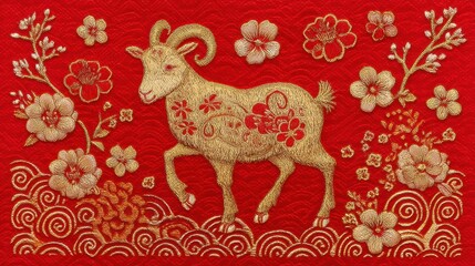 Obraz premium Beautiful embroidery of a goat on a vibrant red background with floral patterns, symbolize prosperity and good fortune