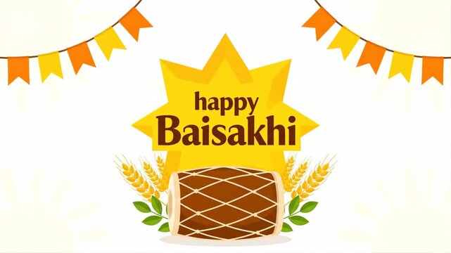 Happy Baisakhi Vaisakhi Harvest Festival Animation Dhol Wheat