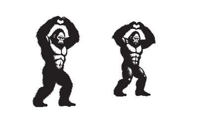 Fototapeta premium Muscular gorilla valentine's day silhouette making heart gesture with hands, black and white illustration