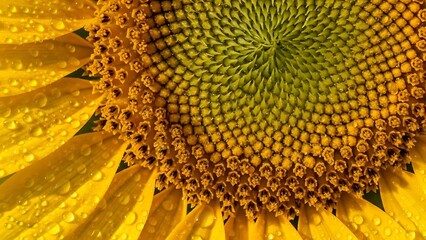 Macro View of a Sunflower's Center and Yellow Petals with Morning Dew Drops seed head