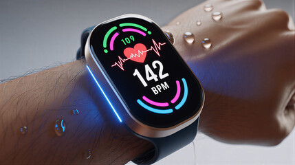 Fitness smartwatch displaying real time heart rate tracking during an intense workout with glowing data visuals and futuristic interface representing health monitoring performance technology and activ