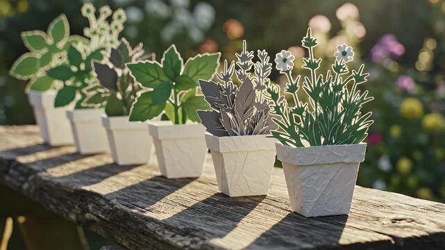 Whimsical paper cutout plants in decorative pots arranged on a weathered wooden surface bathed in soft sunlight perfect for spring and garden-themed designs