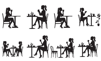 Various silhouettes illustrating women enjoying coffee and conversations in a cafe setting