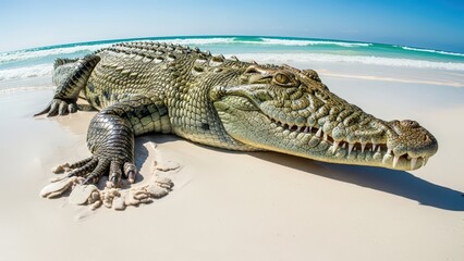 Fototapeta premium A large saltwater crocodile resting on a pristine white sandy beach with the blue ocean and sky in the background.