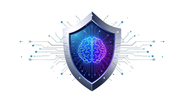 Artificial Intelligence Brain Inside a Digital Shield with Glowing Circuitry on White Background - Powered by Adobe