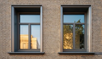 Fototapeta premium Urban Symmetry - Two Windows on Brick Wall Reflecting Golden Cityscape and Sunlit Trees.