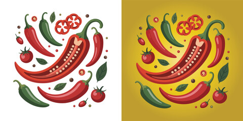 Red chili peppers and green chilies with tomatoes and spices composition for spicy food packaging and menu design